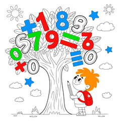 Math tree illustration for kids educational material studying arithmetic with numbers and operations concept drawing of a boy holding a pencil looking up