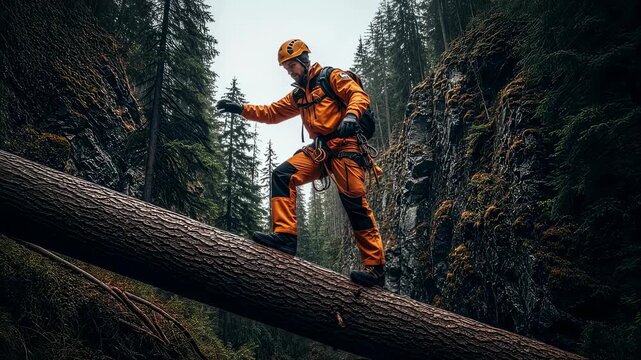Man in orange safety gear carefully walking across a felled tree trunk over a forest gorge footage.