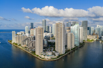 Naklejka premium Aerial view of Brickell skyline in downtown Miami. Skyscrapers above Miami. Scenic panorama of Miamis financial district. Brickell in Miami city. Miami Urban landscape with buildings cityscape.