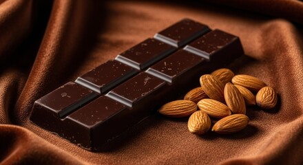 Fototapeta premium Dark chocolate bar and almonds presented on luxurious brown velvet fabric backdrop
