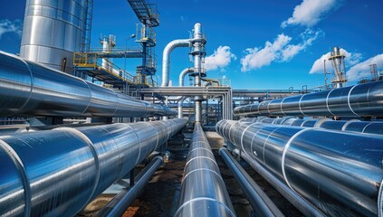 Industrial plant pipelines, sunny sky, energy production, refinery background, energy industry