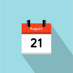 Flat Calendar Illustration with August 21 Date – Minimal Design for Schedule, Planning, and Important Day Reminder