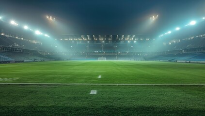 Night soccer stadium, empty field, lights, fog, game prep