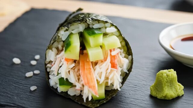 Hand roll sushi with cucumber imitation crab rice and nori on a dark surface accompanied by wasabi and soy sauce