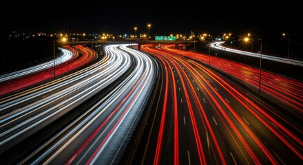 Dynamic urban nightscape, a highway illuminated by the flowing streaks of vehicular light trails