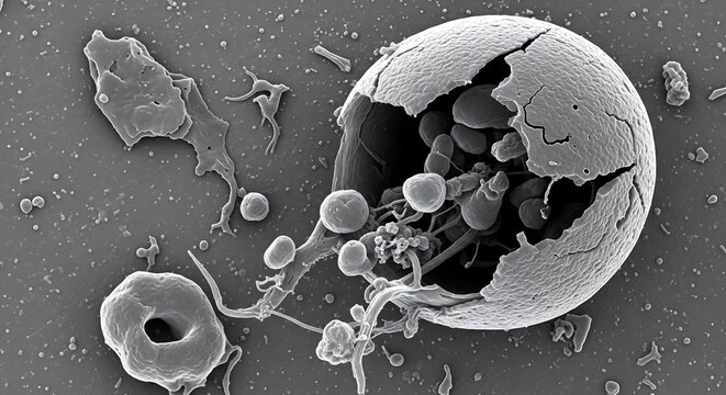 High-magnification view of a bursting cellular structure releasing its contents amidst red blood cells and platelets, illustrating cell lysis