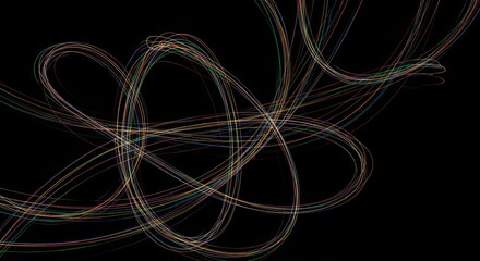 Dynamic intertwining colorful light trails against stark black backdrop generating depth