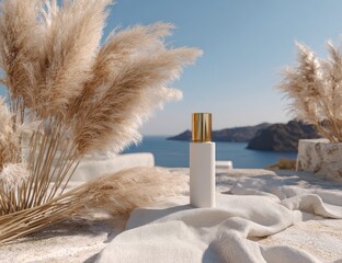 Aegean Sea backdrop, white bottle, pampas grass, luxury product photoshoot
