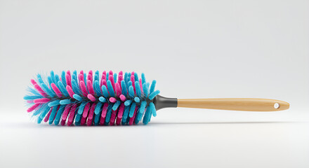Colorful duster brush with wooden handle, household cleaning tool used for removing dust at home.