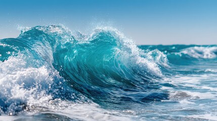 Fototapeta premium Powerful turquoise wave crashing on the shore.