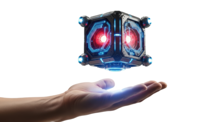 Futuristic technology cube floating above hand concept art ai generated image for stock photos usage on transparent background