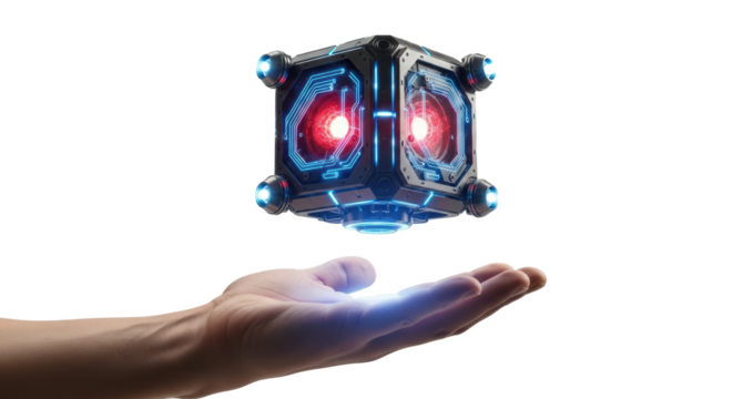 Futuristic technology cube floating above hand concept art ai generated image for stock photos usage on transparent background