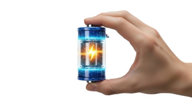 Energy cell technology concept in hand futuristic power source innovation and storage solution design on transparent background