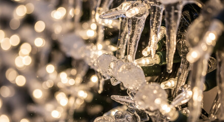 Close-up shot of icicles hanging from a Christmas tree with warm, golden lights in the background.