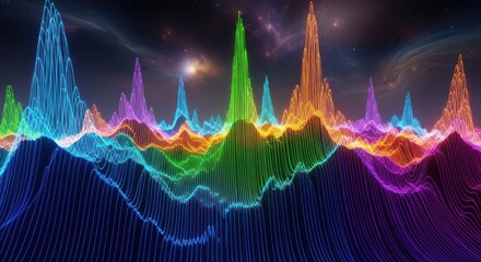 Radiant frequency landscape against cosmic backdrop evokes futuristic data representation