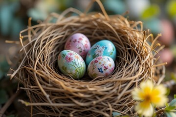 Obraz premium Easter Nest with Decorated Eggs and Spring Flowers - Holiday Season Imagery