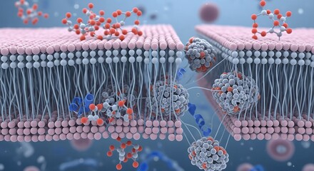 A detailed 3D illustration of a cell membrane lipid bilayer with molecules passing through a protein channel, representing cellular transport