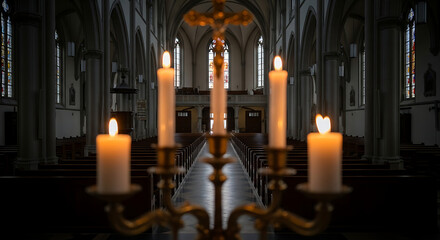 Candles burning in a dark church aisle with stained glass windows and wooden pews creating a solemn atmosphere