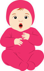 Baby in pink winter outfit sitting with surprised facial expression vector illustration for newborn and child themes