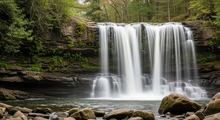 Obraz premium Cascading Waterfalls Splashing Down Rocky Cliffs in a Lush Forest Environment