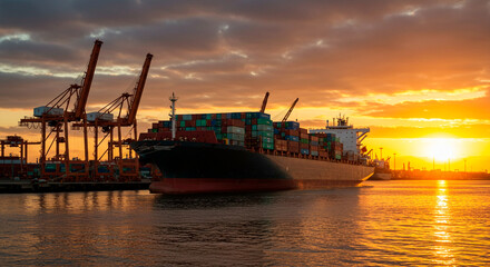 Fototapeta premium Cargo ship in a container port at sunset