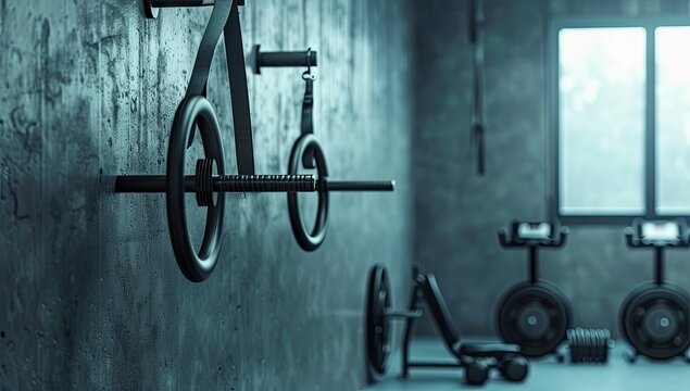 Gym interior wall-mounted barbell, workout equipment, window, industrial design - Powered by Adobe
