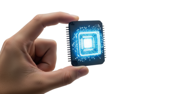 Hand holding microchip technology concept futuristic design modern processor innovation and engineering on transparent background