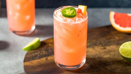 Fototapeta premium A vibrant, refreshing cocktail garnished with grapefruit, lime, and jalape?o sits in a tall glass, showcasing a beautiful coral-pink hue.