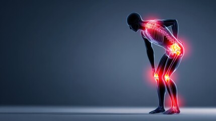 Silhouette of person holding back with glowing red areas on spine and knees symbolizing widespread arthritis flareup effects.
