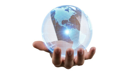 Global technology concept with earth hologram in hand for business and innovation solutions on transparent background