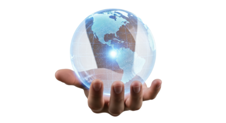 Global technology concept with earth hologram in hand for business and innovation solutions on transparent background