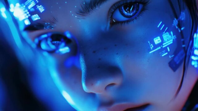 Modern digital art showcasing a futuristic vision, focusing on the interface between human and advanced technologies.