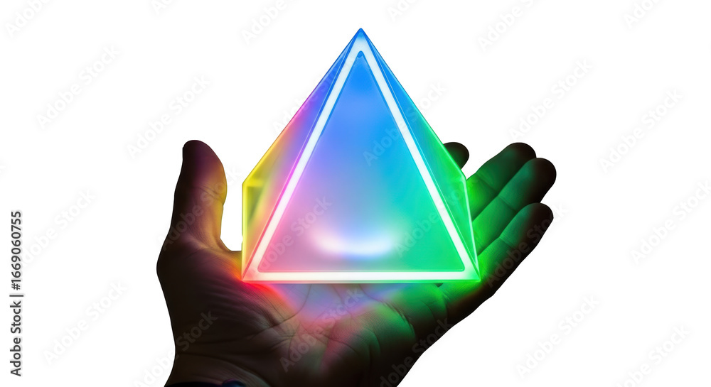 Wall mural illuminated pyramid in hand glowing colorful light display abstract design modern art object held up