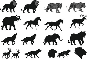 Wild Animal Silhouettes Vector Pack Lion, Tiger, Elephant, Horse, Deer, and Wolf Illustrations on White Background