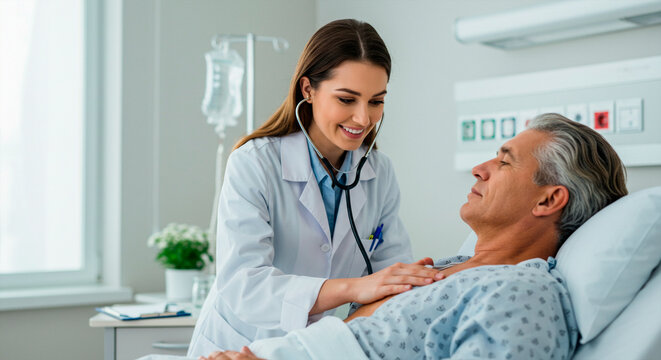 Female doctor using a stethoscope to examine an elderly male patient in a hospital bed
