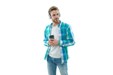 Music style. Listen audio. Millennial man gen lifestyle. Lifestyle and music. Man listen music in audio headphones isolated on white. Modern millennial man lifestyle. Coffee break