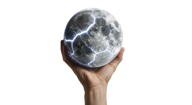 Cracked moon in hand concept art with lightning bolts and black background for digital art design use on transparent background