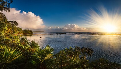 majestic sunlight beams illuminate serene tropical waters at dusk near lush vegetation