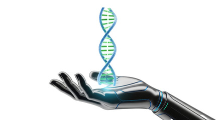 Robot hand holding dna strand genetic engineering biotechnology science technology futuristic concept art on transparent background