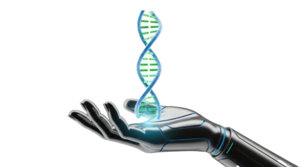 Robot hand holding dna strand genetic engineering biotechnology science technology futuristic concept art on transparent background