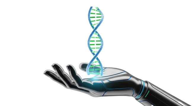 Robot hand holding dna strand genetic engineering biotechnology science technology futuristic concept art on transparent background
