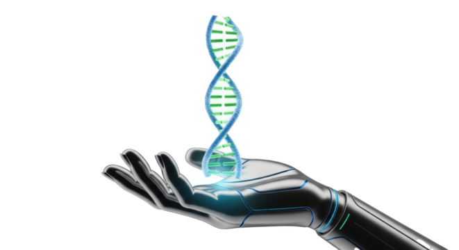 Robot hand holding dna strand genetic engineering biotechnology science technology futuristic concept art on transparent background - Powered by Adobe