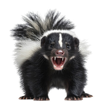 Fierce skunk bares its teeth in a defensive stance, showcasing its striking black and white fur and bushy tail.