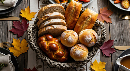 A basket overflowing with an assortment of freshly baked bread rolls and loaves sits on a rustic wooden table adorned with autumn leaves, evoking a warm and inviting Thanksgiving feast.