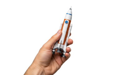 Hand holding toy rocket ship model isolated on black background for space exploration concepts design on transparent background