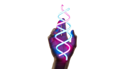 Hand holding dna helix abstract science technology innovation medical research representation concept on transparent background