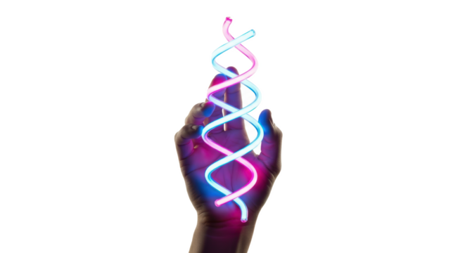 Hand holding dna helix abstract science technology innovation medical research representation concept on transparent background