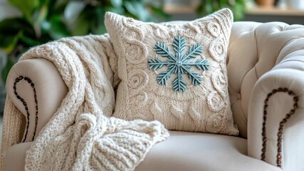 Cozy pillow & blanket on cream armchair with a snowflake design - Powered by Adobe