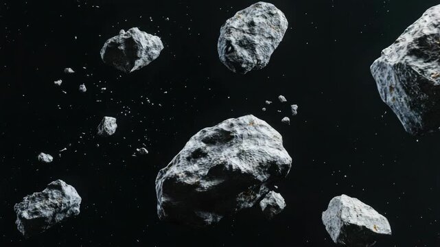 A bunch of rocks are floating in space. They are all different sizes and shapes. Some are small and round, while others are large and irregular