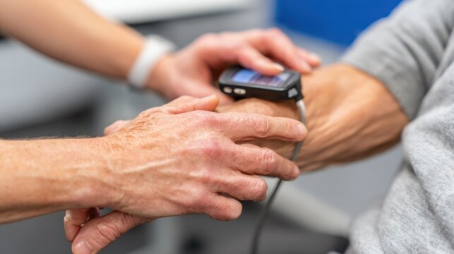 Focused pulse oximeter sensor on patients hand during postural change assessment with patients upper body and environment gently out of focus.
